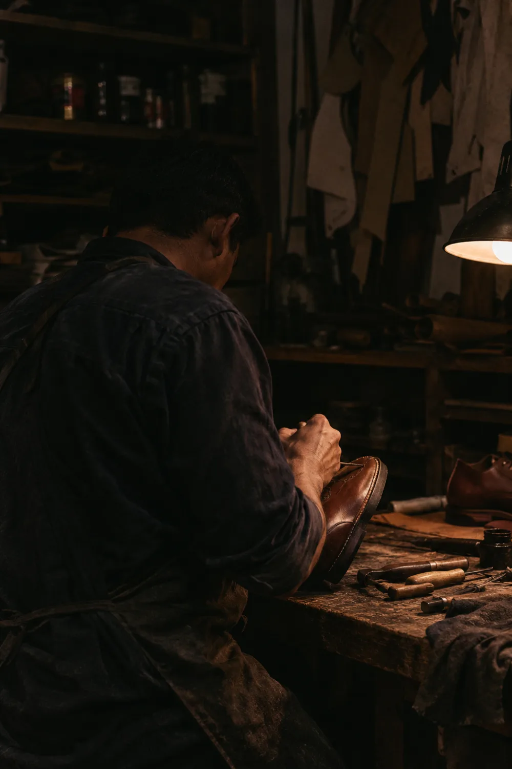Daniel Meunier, artisan cordonnier, à l'établi